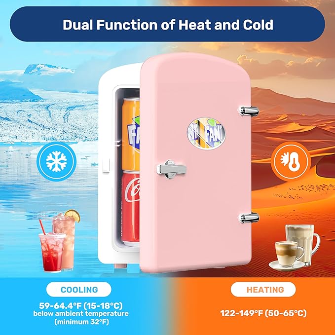 HealSmart Mini Fridge Portable 6 Liter/9 Can with Observation Window, Cooler&Warmer Small Desk Compact Refrigerator for Skin Care, Cosmetics, Beverage, Food in Bedroom, Car, Office, Dorm, Pink