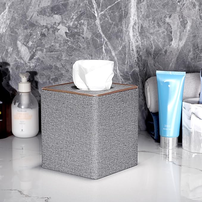 Sumnacon Square Linen Tissue Box Cover - Stylish Cube Tissue Box Holder with Magnetic Bottom, Decorative Tissue Box for Vanity Toilet Tank Dresser Night Stand Table Countertop Office Car, Grey