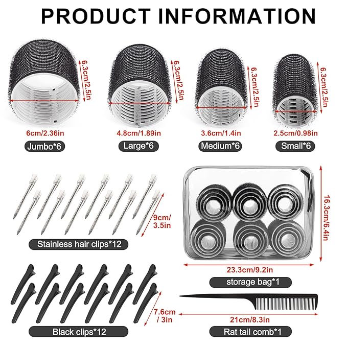 4 Sizes Hair Rollers for Women Set - 50 Pcs Hair Curler Rollers with Clips, Self Grip Hair Rollers for Long, Short Hair and Bangs, 25mm, 36mm, 48mm, 60mm, Black