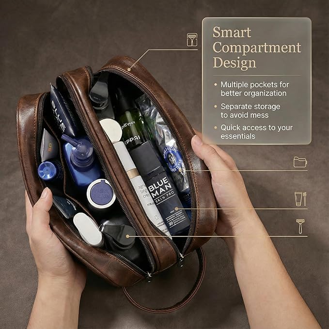 Men’s Toiletry Bag Travel Dopp Kit–double-deck PU Leather Water-Resistant Shaving Organizer Large Capacity, Double Compartments & Inner Pockets for Grooming, Bathroom & Gym Trip Toiletry Case(Coffee)