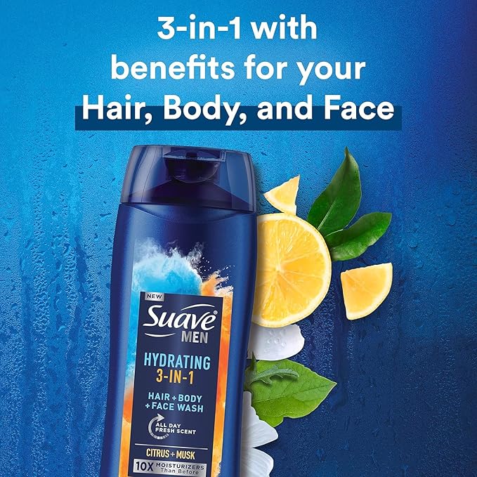 Suave Men Moisturizing Body, Face and Hair Wash, 3-in-1 For Hydrated Skin and Hair, Citrus & Musk scent, No Parabens, No Phtahaltes, 18 Oz, (Pack of 12)