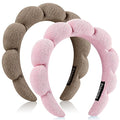Spa Headbands, Set of 2, Terry Cloth Headband Face Wash Headband Combo Pack - Puffy Makeup Headbands for Face Washing, Mask (Dark khaki + pink)