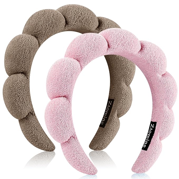 Spa Headbands, Set of 2, Terry Cloth Headband Face Wash Headband Combo Pack - Puffy Makeup Headbands for Face Washing, Mask (Dark khaki + pink)