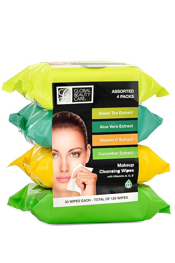 Global Beauty Care Assorted Makeup Remover Wipes Variety Pack - Green Tea, Aloe Vera, Vitamin C & Cucumber Extract Facial Cloths, Removes Waterproof Mascara Oil & Dirt, All Skin Types 120 Ct (4-Pack)