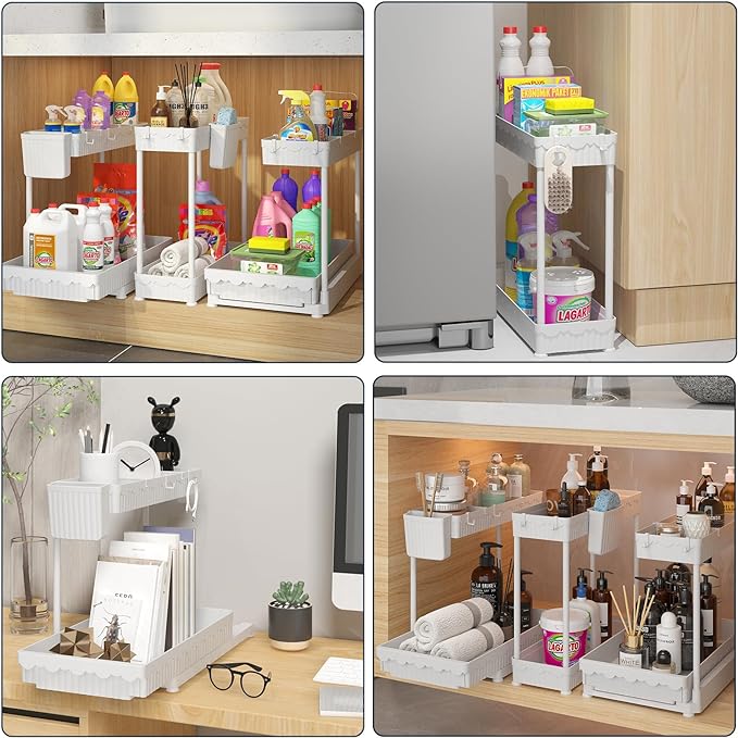 3 Pack Multi-Purpose Under Sink Organizers and Storage, 2026 L-Shaped Pull Out Cabinet Organizer for Bathroom & Kitchen, Under Cabinet Organizer with Hooks Hanging Cup (White, 14.85 inch)