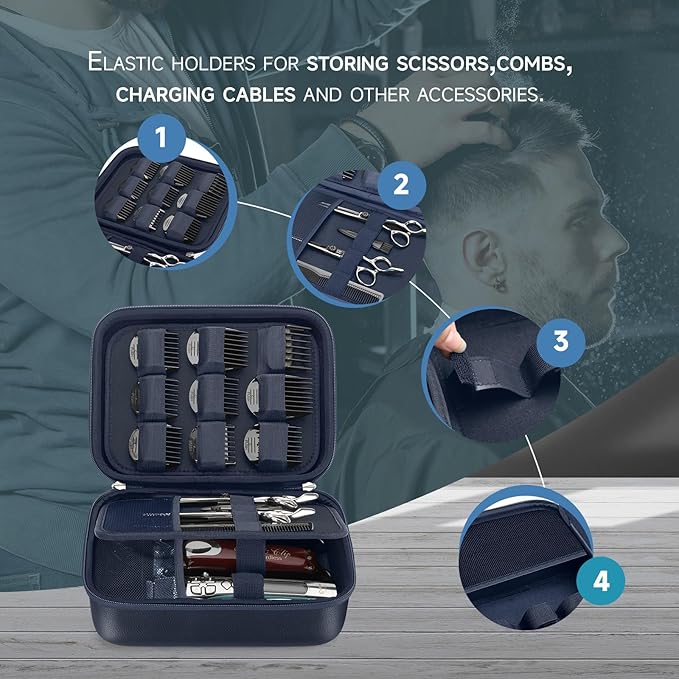 MOSLA Hard Barber Accessories Case for Hair Clippers, Mens Hair Cutting Barber Supplies Holder, Trimmer Organizer Storage Bag for Hair Cutting, Guard Grooming Kit (PU Navy blue)