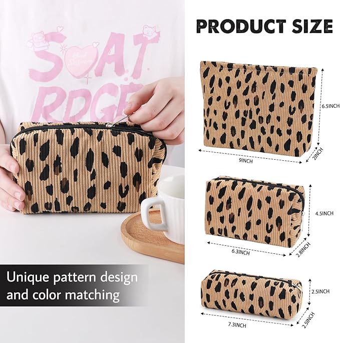 3 Pcs Makeup Bag Cosmetic Bag Set for Girls Women Travel Organizer Bathroom Toiletry Pouch Large Capacity Storage Bag (Leopard Brown)
