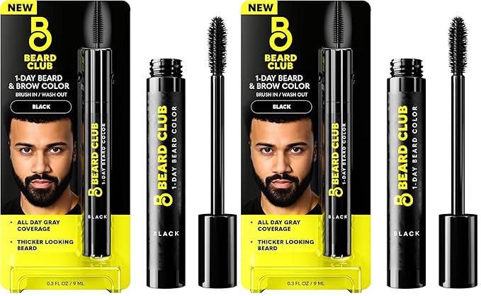 The Beard Club 1 Day Temporary Beard Dye for Men - Black Beard, Mustache & Eyebrow Color for a Fuller, Well-Defined Look, Water & Sweat Resistant, Up to 30 Applications, 0.3 fl oz (Pack of 2)