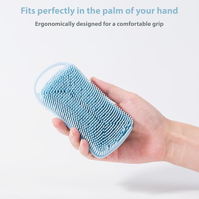 2 PC Silicone Body Scrubber, 2 in 1 Exfoliating Shower Bath Scrubber, Soft Silicone Loofah for Sensitive Skin, Shower Hair Scalp Massager, Easy to Clean, Lather Well (Grey&Blue)