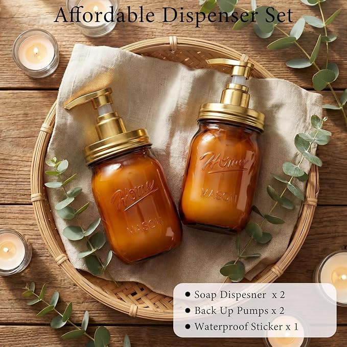 Amolliar Plastic Mason Jar Soap Dispenser with Pump Lid,16OZ Refillable Hand Soap Dispenser Set with Cute Lables - Farmhouse Decor for Kitchen Bathroom, Liquid Soap, Dish Soap, Lotion (2 Pack, Amber)