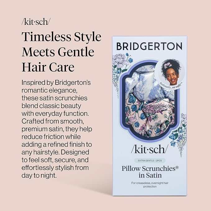 Bridgerton x Kitsch Satin Scrunchies for Women, No Snag, No Tugging, Soft & Comfortable Scrunchies for Girls, Perfect for Day or Night | Ideal Gifts for Women - Toile De Blue, 2pcs