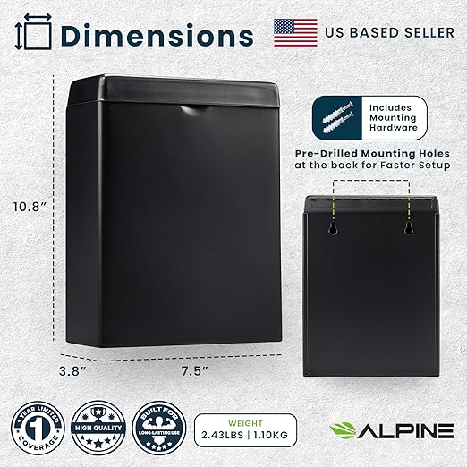 Alpine Sanitary Napkin Receptacle – Wall Mounted Tampon Holder for Bathroom Provides Clean & Odor-Free Restroom for Home, Office & Public Restrooms (Black)