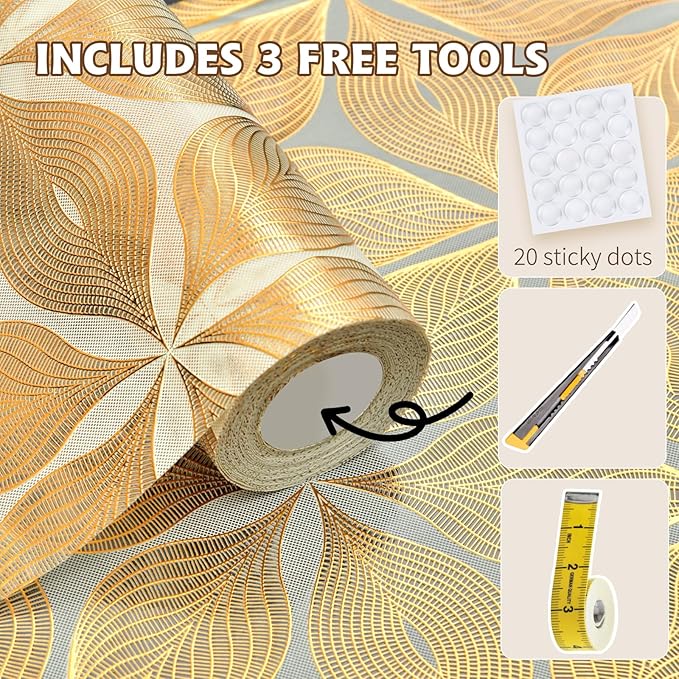 Drawer and Shelf Liner for Kitchen Cabinet,Non-Adhesive Waterproof Drawer Liner for Dresser & Bathroom Vanities with Adhesive Dots & Cutting Tool(18 in X 30 Ft Gold Leaf Pattern)