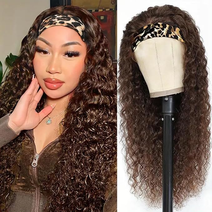 Aiterina Human Hair Headband Wig Deep Wave Chocolate Brown 18 Inch