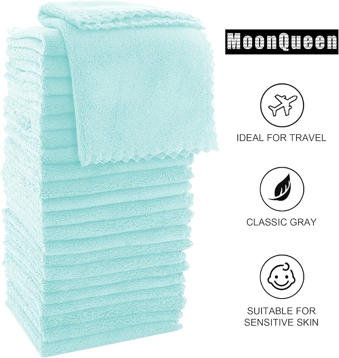 MOONQUEEN Ultra Soft Premium Washcloths Set - 12 x 12 inches - 24 Pack - Quick Drying - Highly Absorbent Coral Velvet Bathroom Wash Clothes - Use as Bath, Spa, Facial, Fingertip Towel (Frozen Blue)
