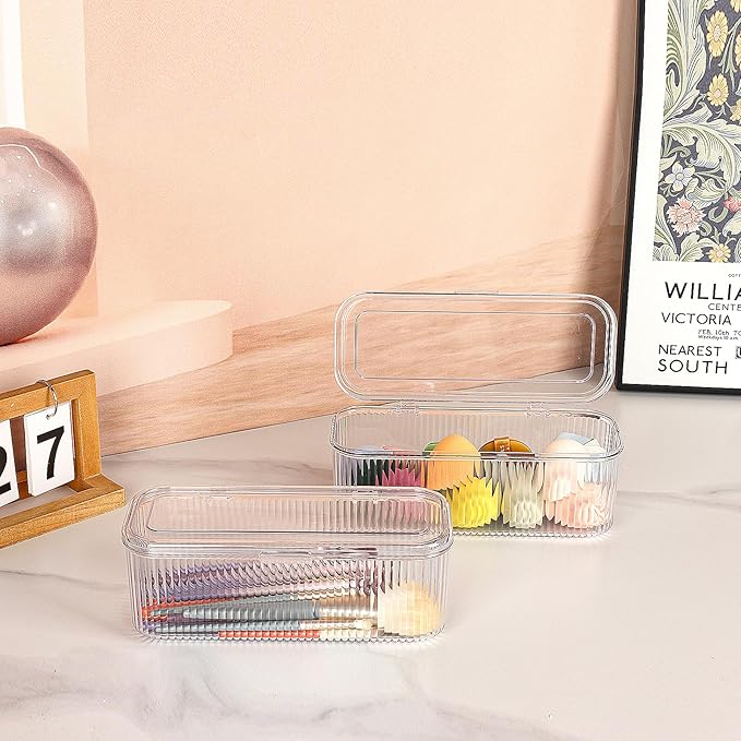 JessLab Makeup Brush Holder Organizer, Clear Makeup Sponges Organizer,Cosmetic Storage Case with Lid Display Case for Vanity, 1 Compartment (1 Pack)