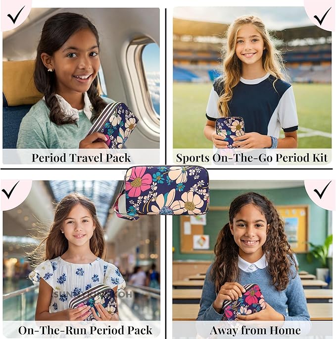 First Period Pal Pack to-Go Kit | 24 pcs | First Period Kit for Tweens | Teen Period Kit| Discrete Period Bag, Pads, Panty Liners, Period Kits for Tweens 10-12 (Florets)