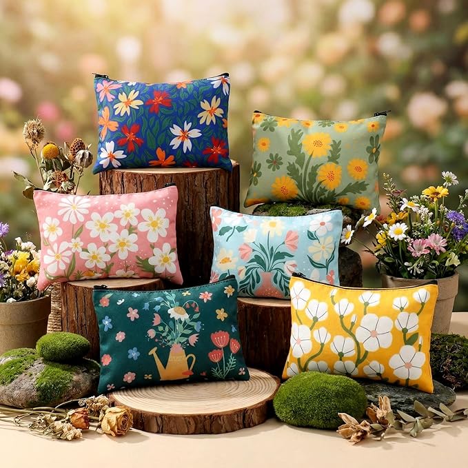 Sweetude 12 Pcs Spring Flowers Makeup Bag Bulk Portable Travel Cosmetic Bags with Zipper Simple Floral Waterproof Roomy Travel Beauty Toiletry Organizer Storage Pouch for Women Spring Gifts