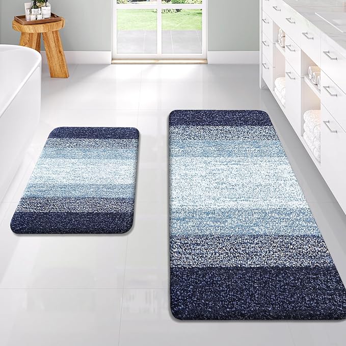 OLANLY Bathroom Rug Set 2 Piece, Soft Absorbent Microfiber Bath Rug Set, Non-Slip, Machine Wash Dry, Plush Shaggy Bath Mats for Bathroom (47"x20"+24"x16", Airy Blue)