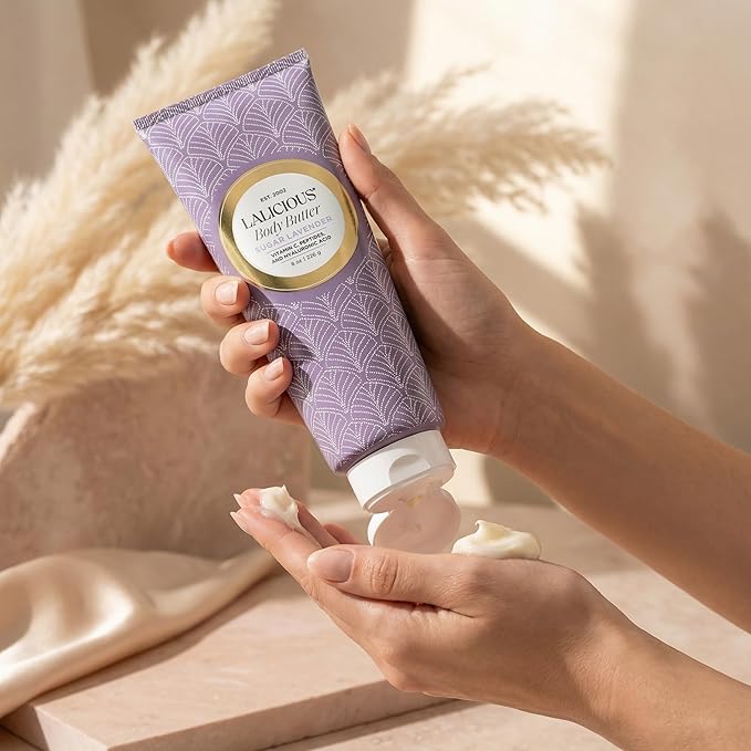 LaLicious Sugar Lavender Body Butter - Hydrating Body & Skin Moisturizing Cream with Whipped Shea Butter, Vitamin E, Cucumber Extract & Apricot Oil - No Parabens (8oz)