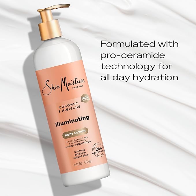 SheaMoisture Illuminating Body Lotion with Coconut Oil, Hibiscus, Niacinamide and Pro-Ceramides, Instantly Enhancing Skin's Natural Glow, 24H Moisturizing 16 oz, (Pack of 2)