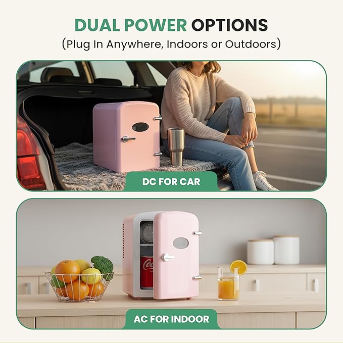 YSSOA 4L Mini Fridge with Observation Window, Portable Warmer & Cooler Six 12oz Cans Compact Refrigerator, 100% Eco Friendly and Freon-Free, Pink