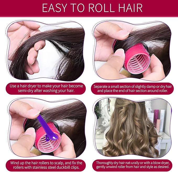 Hair Rollers, 12 Pack Self Grip Salon Hairdressing Curlers, DIY Curly Hairstyle, Large Rollers 1.57In Rose Red