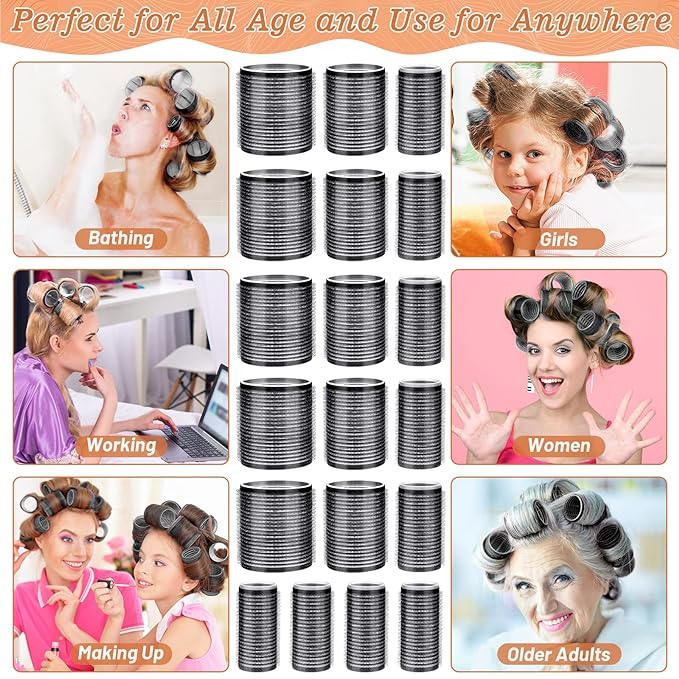 Hair Curler Rollers for Women 24PCS Heatless Hair Roller with 12PCS Clips, 4 Sizes（Jumbo Large Medium Small）Self Grip Holding Hair Rollers for Long Medium Short Thick Fine Volume Thin Bangs Hair