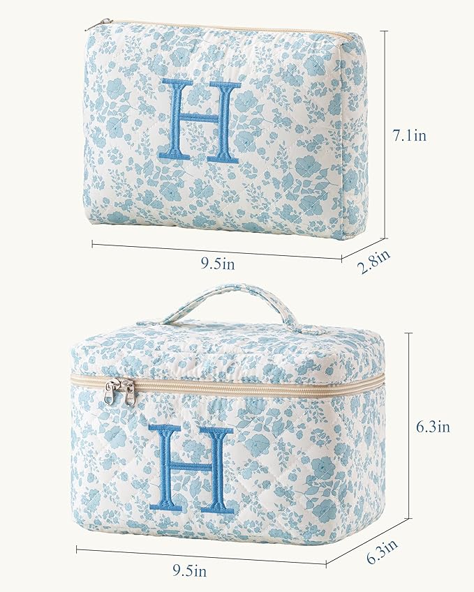 HBselect 2Pcs Initial Makeup Bag, Quilted Makeup Bag, Cotton Large Travel Makeup Bag, Cute Floral Coquette Make up Bag Cosmetic Bag Toiletry Bag for Women Girls H
