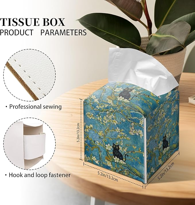 Grace Yonks Art Tissue Box Cover Square - Black Cat on Blossoming Branch Design 5.2" PU Leather Holder for Vanity, Desk, or Bathroom Counter - Cube Case for Facial Tissues. (122)