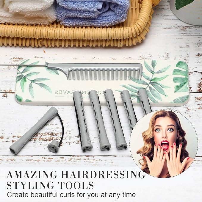 Chuangdi 24 Pcs Hair Perm Rods Plastic Cold Wave Perming Curlers Hair Rollers with Steel Pintail Comb Rat Tail Comb Tools for Hairdressing Styling(Grey,0.59 Inches)