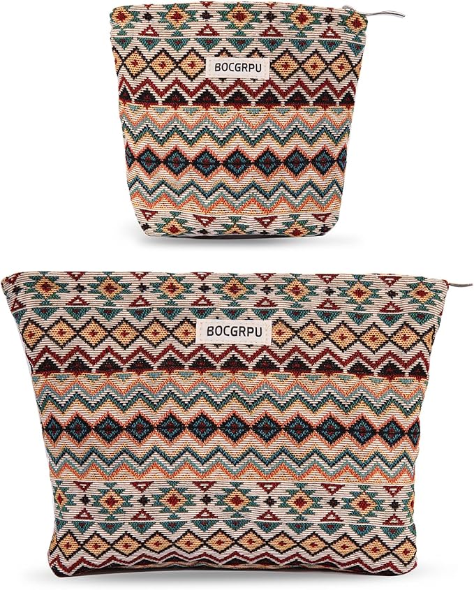 2 PCS Makeup Bag Set，Portable Small Cosmetic Bag for Purse ，Large Storage Capacity Toiletry Bag Organizer，Travel Pouch with Zipper for Women, (Bohemian Style)