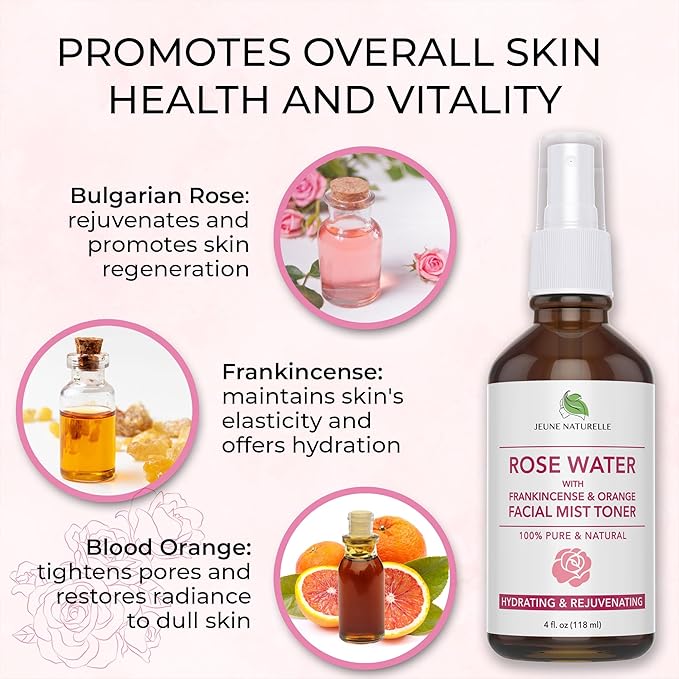 Rose Water Spray for Face - 100% Pure Rosewater with Frankincense & Blood Orange Facial Mist Toner, Alcohol Free, Dye Free, Body Mist & Face Mist - Steam Distillation, 4 oz