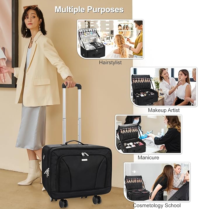 MONSTINA Rolling Makeup Train Case, Cosmetology Case on Wheels Makeup Artist Bag Professional Cosmetics Beauty Hairdresser Bag Hairstylist Cosmetic Bag with 4 Bags Extra Large Makeup Bag with Wheels