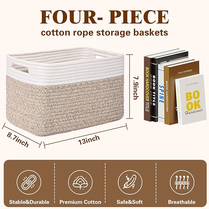 Storage Baskets for Organizing, 4 Pack Baskets for Shelves, Decorative Storage Bins for Shelves, Cotton Rope Storage Basket with Handles, Woven Basket for Storage, 13''Lx8.7''Wx7.9''H, White & Brown