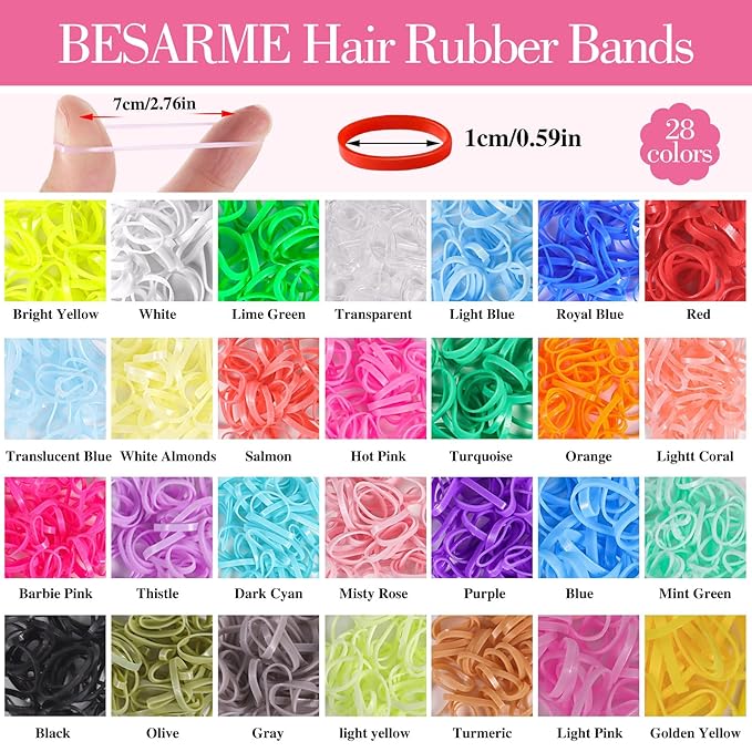 28 Colors Rubber Bands with 8 Hair Styling Tools, 1500 Pcs Colorful Elastic Ties Small Rubber Bands Baby Toddler Ties Daughter Valentines Day Gifts