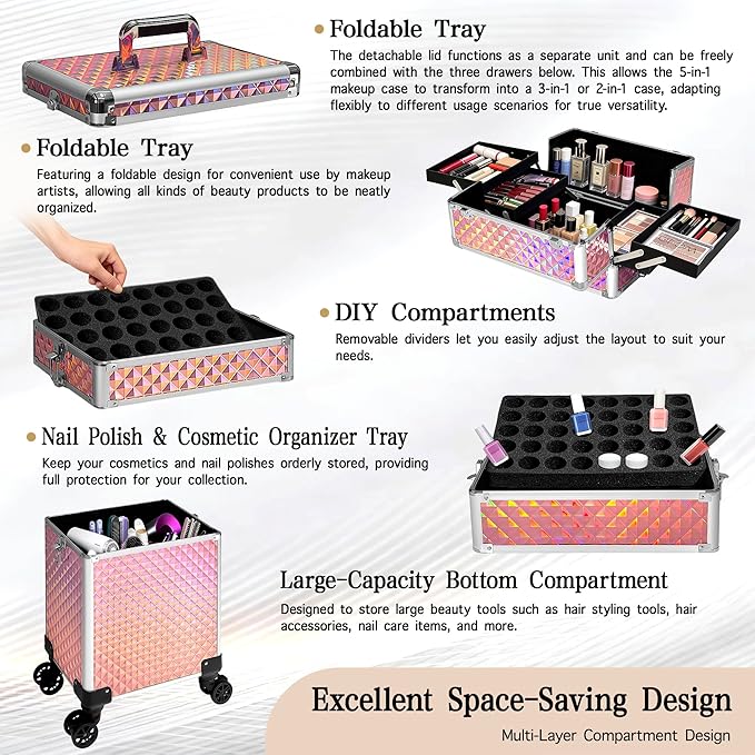 5 in 1 Rolling Makeup Train Case on Wheels Large Cosmetic Organizer Travel Cart for Women Beauty Salon Barber Hairstylist Pink