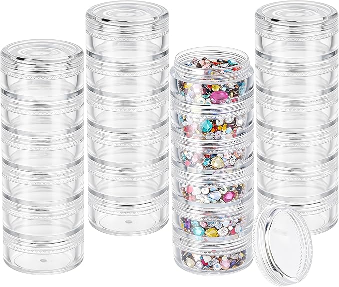 Fengek 6 Sets 6 Layer Stackable Plastic Containers, 10G/10ML Clear Cosmetic Storage Box Round Organizer Jars for Beads, Buttons, Small Jewelry Findings