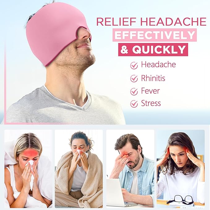 Migraine Relief Cap, Headache Relief Hat for Migraine Cap, Hot and Cold Therapy, Headache Eyes Mask for Stress Relief, Ice Pack Head Wrap for Sinus, Puffy Eyes, Tension, Pink