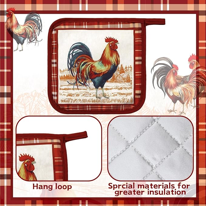 Bencailor 12 Pcs Pot Holders with Pocket Kitchen Hot Potholders Hot Pad Oven Mitts Cookie Bag Oven Gloves for Kitchen Gift Baking Cooking(Red,Red Rooster)
