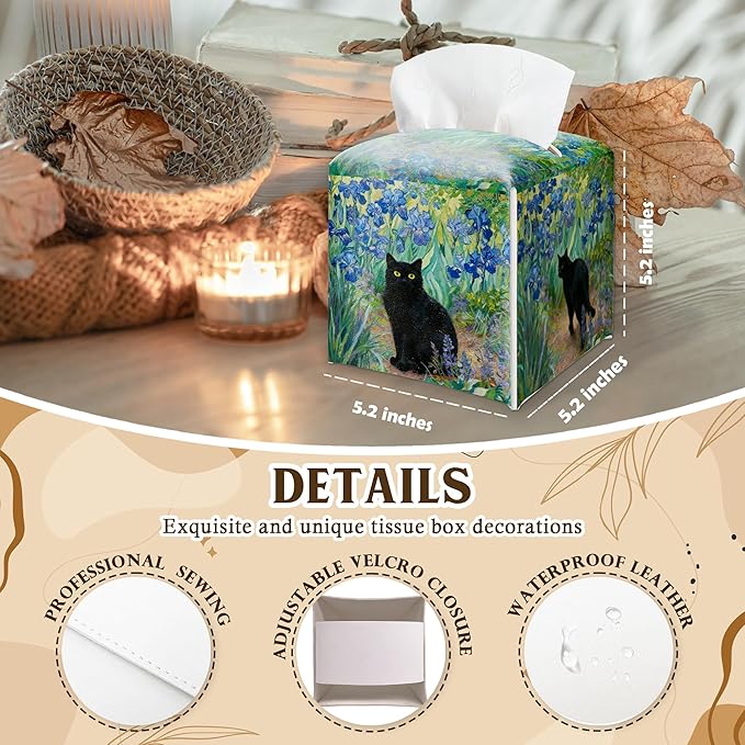 Black Cat & Blue Flowers Design Tissue Box Cover - Vintage PU Leather Waterproof Tissue Holder - Facial Paper Organizer for Home Bathroom Office - Desk Decorative Dispenser Box-B03