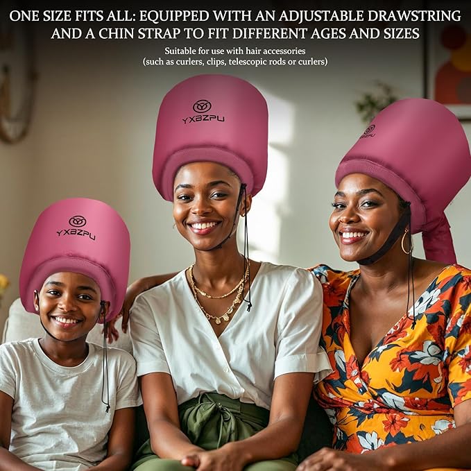 Hooded Hair Dryer Attachment, Hair Dryer Caps for Curly, Speeds Up Drying Time, Safety Deep Conditioning At Home (Rose Red)