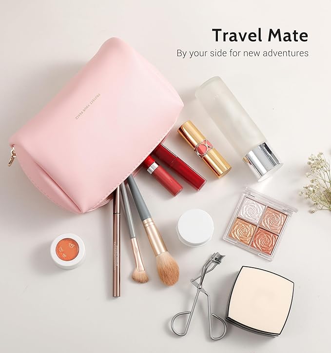 Aveniee Travel Makeup Bag, Large Toiletry Bag for Women, Vegan Leather Travel Pouches Case, Make Up Bag for Travel Essentials Brushes, Cosmetic Bag Purse Organizer with Divider and Gold Zippers-Pink