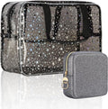 Clear Makeup Bags, Clear Travel Toiletry Bag with Extra Small Glitter Cosmetic Bag, Waterproof Essential Organizer Pouch for Sports Travel Beach (Stars-Black)