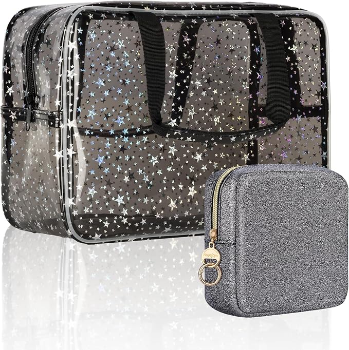 Clear Makeup Bags, Clear Travel Toiletry Bag with Extra Small Glitter Cosmetic Bag, Waterproof Essential Organizer Pouch for Sports Travel Beach (Stars-Black)