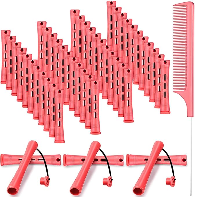48 Pieces Hair Perm Rods Short Cold Wave Rods Plastic Perming Irons Hair Curling Rollers Curlers with Steel Pintail Comb Rat Tail Comb for Hairdressing Styling Supplies(0.51 Inch,Pink)