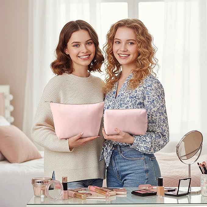 Kigeli 2 Pcs Nylon Makeup Bag Set for Women Wedding Favors Cosmetic Bag with Interior Pockets Preppy Cute Purse Pouch Pencil Case Makeup Brushes Storage Organizer for Travel Toiletry Bags(Pink)