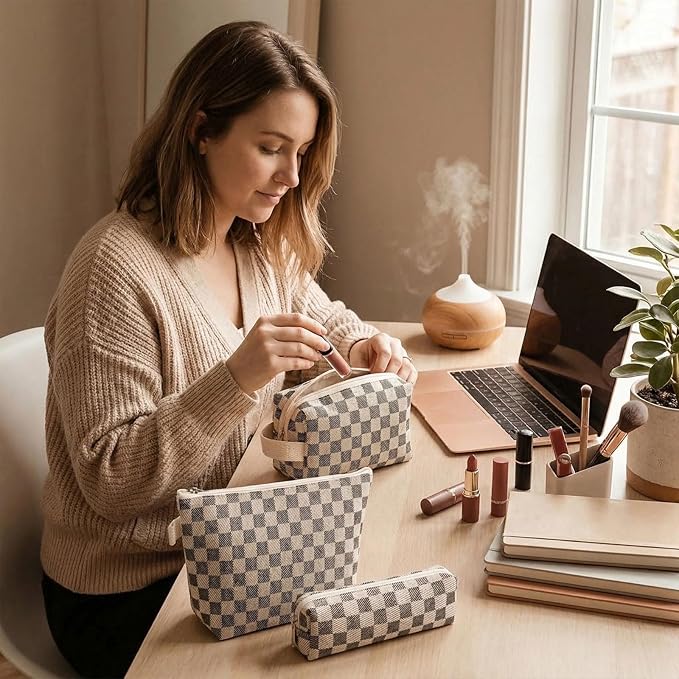 3 Pcs Canvas Makeup Bag Set Checkered Cosmetic Pouch for Women Travel Toiletry Bag Cute Makeup Organizer Purse Pouch Preppy Pencil Case with Zipper (Checkered Black)