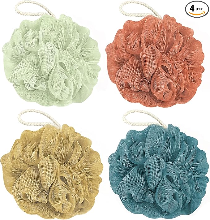 Shower Loofah Bath Sponge, 60G Loofah Exfoliating Body Scrubber, 4 Color Mesh Shower Pouf Balls for Body Wash (Yellow Red Green Blue)