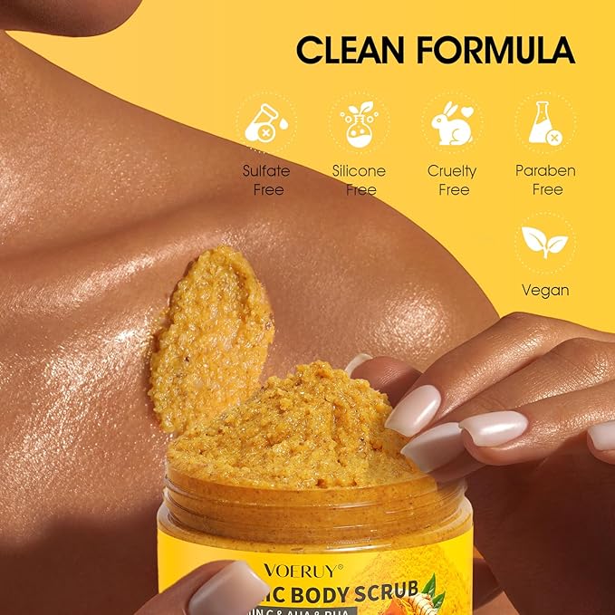 Turmeric Body Scrub, 10% AHA/BHA & Vitamin C Exfoliating Body Scrub, Body Exfoliator for Body Hand Foot Bikini Area, Smooth & Moisturized Skin for Women and Men - 11.3oz